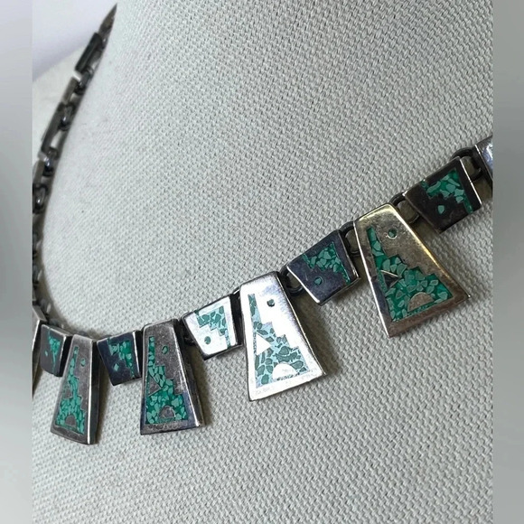 925 Vintage silver - Aztec style necklace with inlaid turquoise coloured stone - Picture 2 of 7